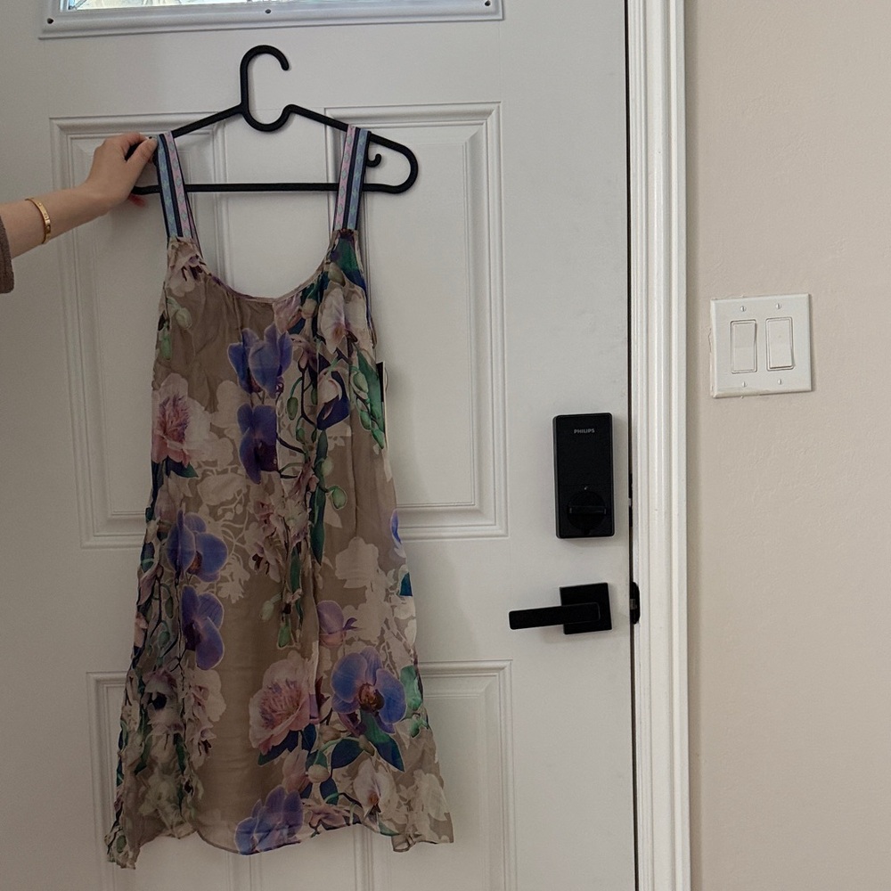 Hale Bob Beige Spaghetti-Strap Dress with Purple & Green Floral Print